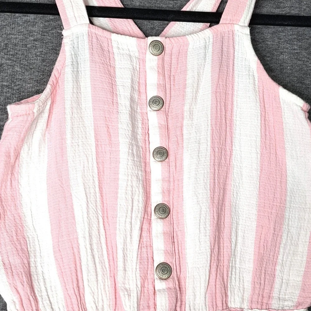 NWT Vertbaudet Romper Girls 6 Pink White Striped Sleeveless Ruffle Trim Jumpsuit
